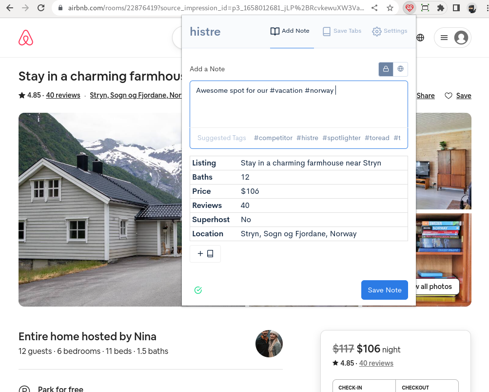 histre extension showing a table of attributes extracted from an Airbnb listing
