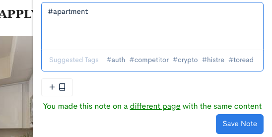 histre extension popup indicating that note has been made on a different page with same content